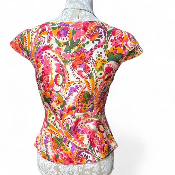 Crazy Horse Liz Claiborne Silk Blouse Petite 4 Floral Paisley Wrap Peplum Top - Picture 5 of 6